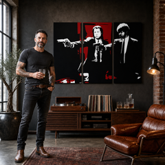 Ručne maľovaný POP Art obraz Pulp Fiction – obraz v modernom mužskom interiéri, lifestyle vizualizácia. Dominantné farby: čierna, červená, biela.