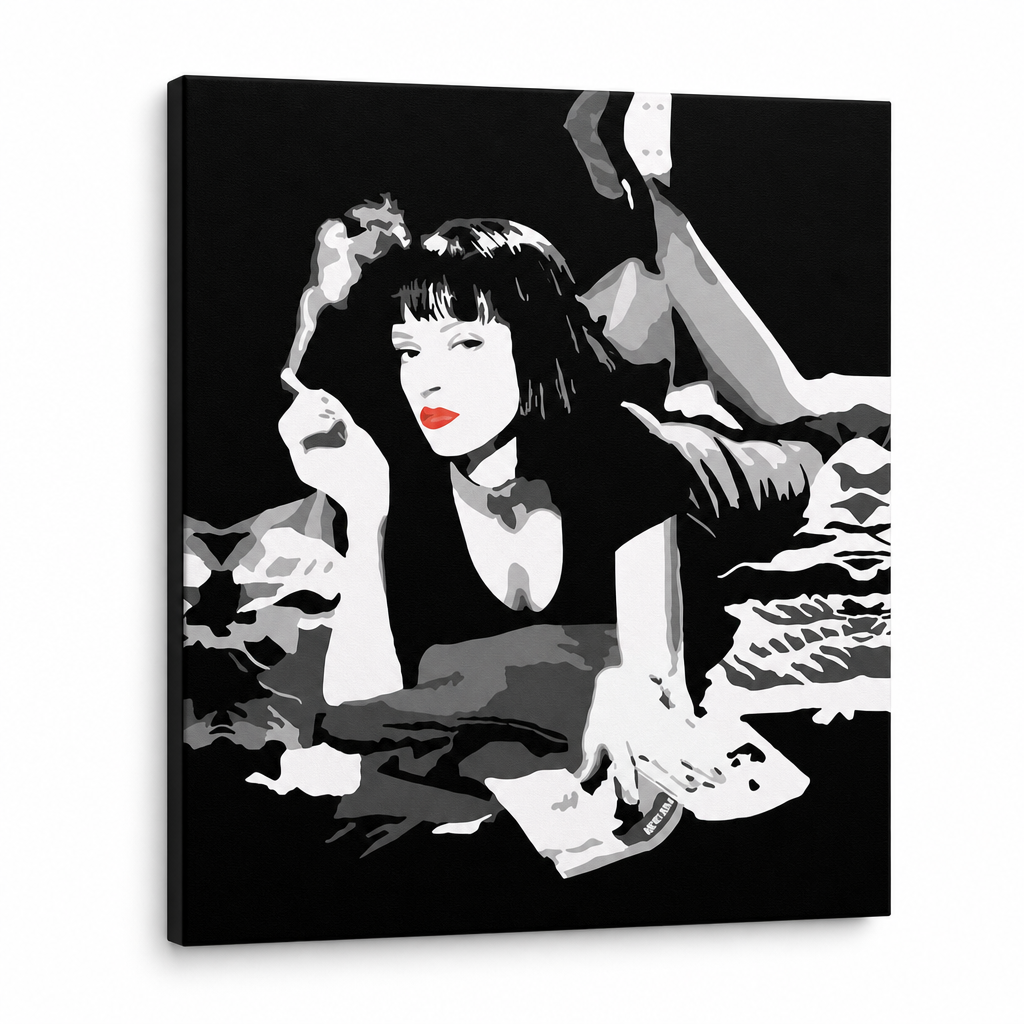 Ručne maľovaný POP Art obraz Pulp Fiction – 3D vizualizácia ručne maľovaného plátna na bielom pozadí. Dominantné farby: čierna, biela, červená.