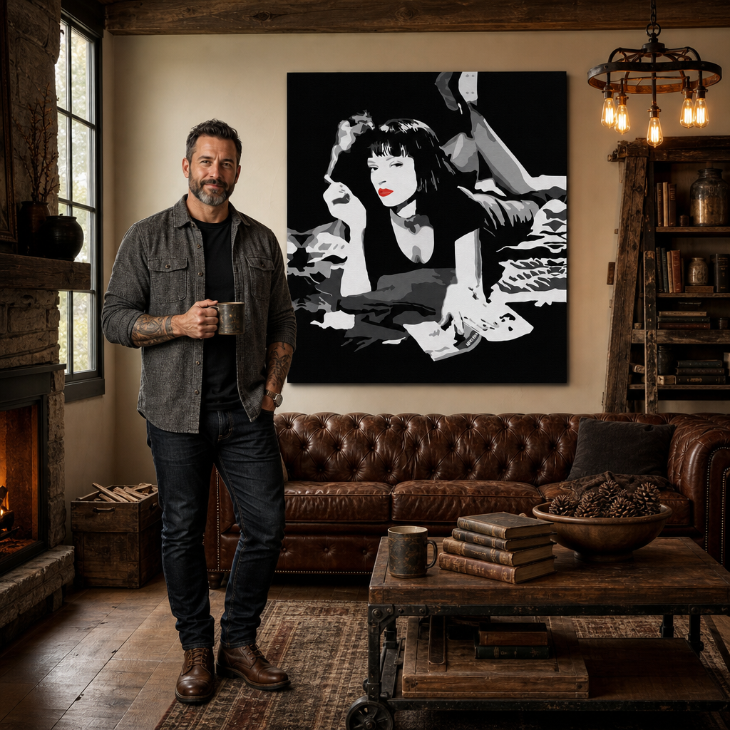 Ručne maľovaný POP Art obraz Pulp Fiction – obraz v modernom mužskom interiéri, lifestyle vizualizácia. Dominantné farby: čierna, biela, červená.