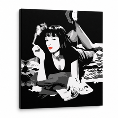 Ručne maľovaný POP Art obraz Pulp Fiction – 3D vizualizácia ručne maľovaného plátna na bielom pozadí. Dominantné farby: čierna, biela, červená.