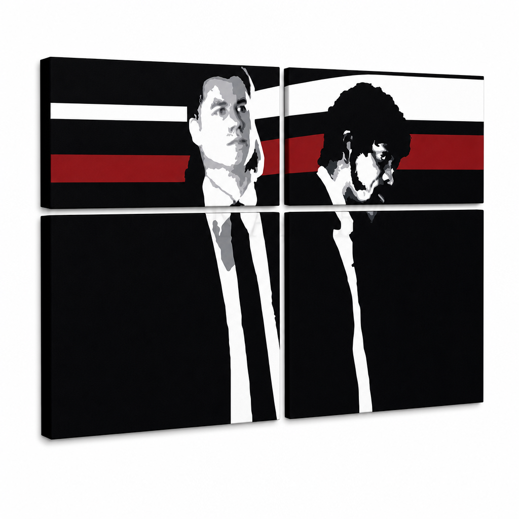 Ručne maľovaný POP Art obraz Pulp Fiction – 3D vizualizácia ručne maľovaného plátna na bielom pozadí. Dominantné farby: čierna, červená, biela, sivá, hnedá.