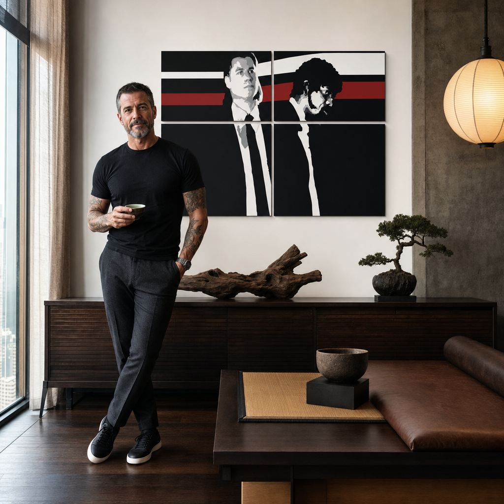 Ručne maľovaný POP Art obraz Pulp Fiction – obraz v modernom mužskom interiéri, lifestyle vizualizácia. Dominantné farby: čierna, červená, biela, sivá, hnedá.