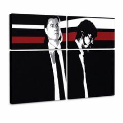 Ručne maľovaný POP Art obraz Pulp Fiction – 3D vizualizácia ručne maľovaného plátna na bielom pozadí. Dominantné farby: čierna, červená, biela, sivá, hnedá.