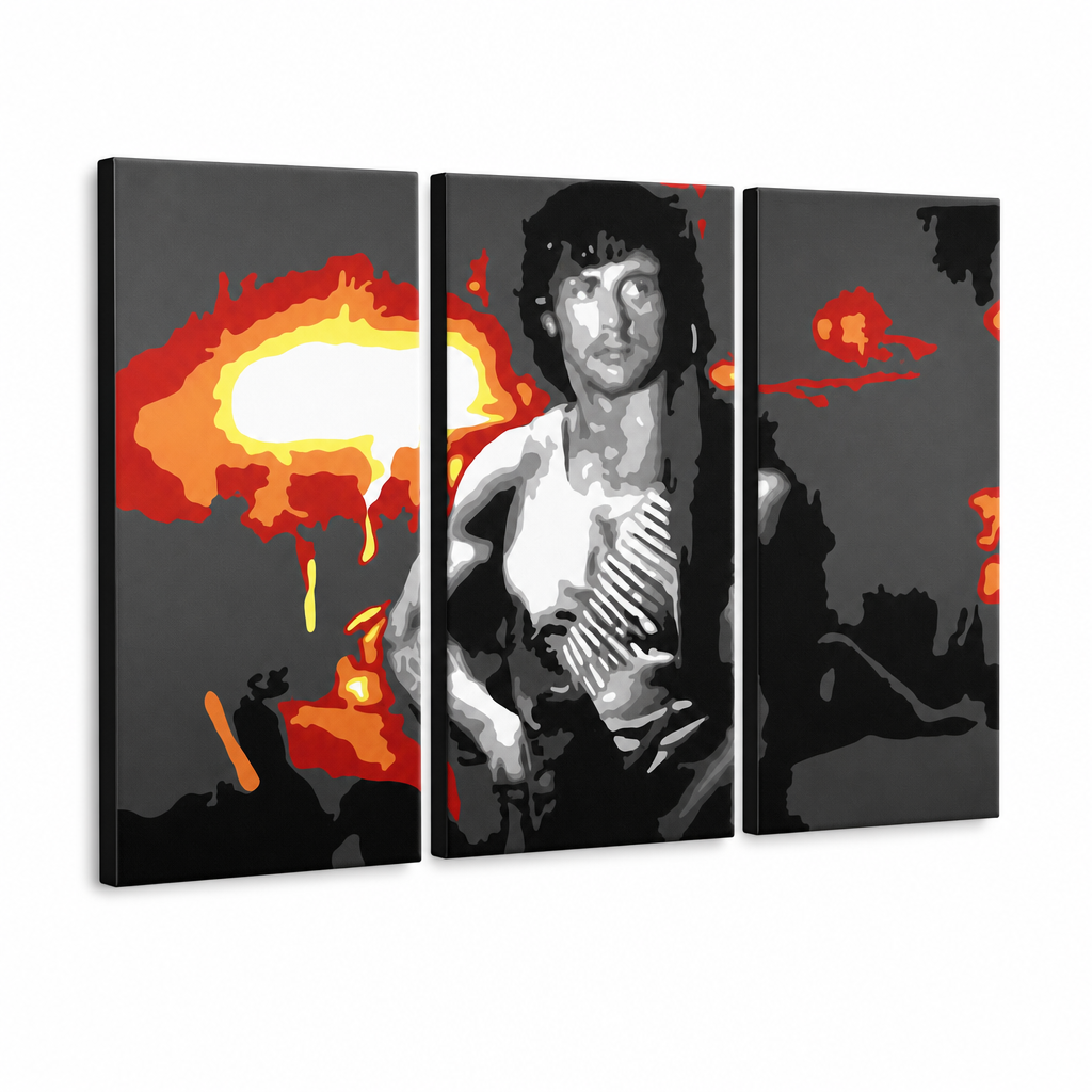 Ručne maľovaný POP Art obraz Rambo – 3D vizualizácia ručne maľovaného plátna na bielom pozadí. Dominantné farby: čierna, oranžová, biela, červená, sivá.