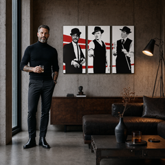 Ručne maľovaný POP Art obraz Rat Pack – obraz v modernom mužskom interiéri, lifestyle vizualizácia. Dominantné farby: čierna, biela, červená.