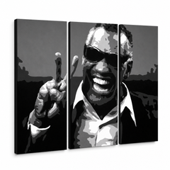 Ručne maľovaný Pop Art obraz Ray Charles | triptych – 3D vizualizácia ručne maľovaného plátna na bielom pozadí. Dominantné farby: čierna, biela, sivá.