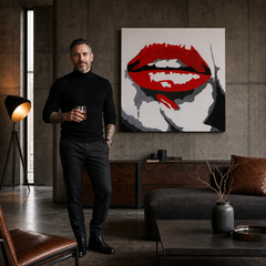 Ručne maľovaný POP Art obraz RED LIPS – obraz v modernom mužskom interiéri, lifestyle vizualizácia. Dominantné farby: červená, čierna, biela.