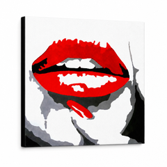 Ručne maľovaný POP Art obraz RED LIPS – 3D vizualizácia ručne maľovaného plátna na bielom pozadí. Dominantné farby: červená, čierna, biela.