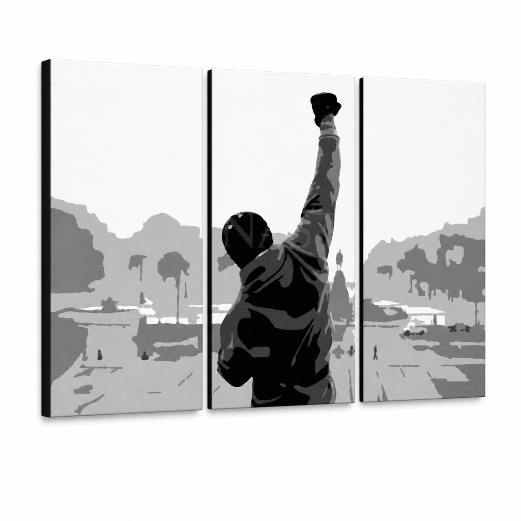 Ručne maľovaný POP Art obraz ROCKY – 3D vizualizácia ručne maľovaného plátna na bielom pozadí. Dominantné farby: čierna, sivá, biela.