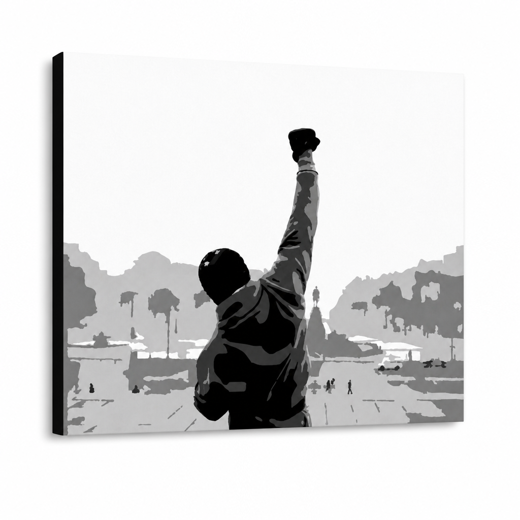 Ručne maľovaný POP Art obraz ROCKY – 3D vizualizácia ručne maľovaného plátna na bielom pozadí. Dominantné farby: čierna, biela, sivá.