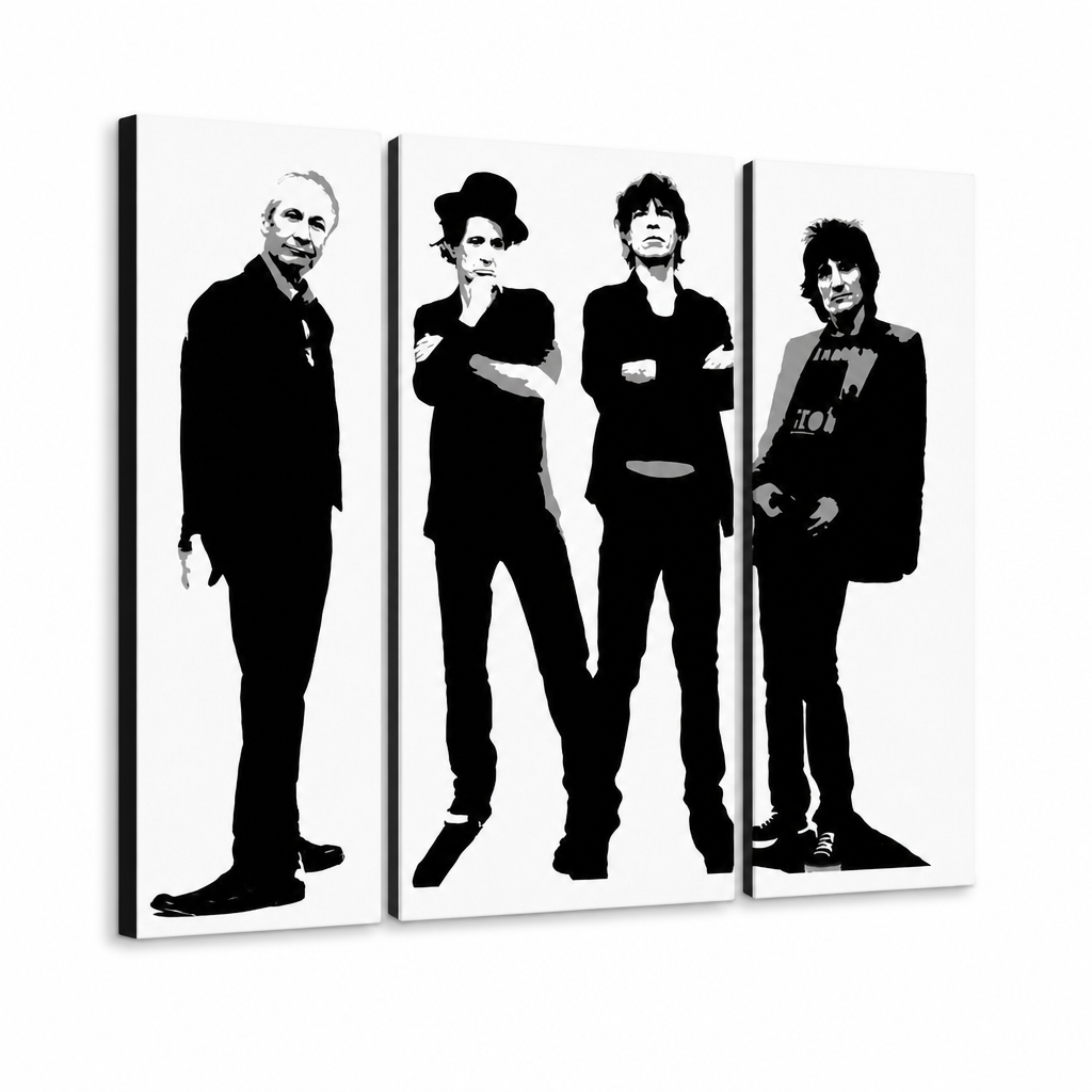 Ručne maľovaný Pop Art obraz Rolling Stones | kvadriptych – 3D vizualizácia ručne maľovaného plátna na bielom pozadí. Dominantné farby: čierna, biela, šedá.