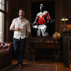 Ručne maľovaný POP Art obraz Ruud van Nistelrooy – obraz v modernom mužskom interiéri, lifestyle vizualizácia. Dominantné farby: čierna, červená, biela, šedá.