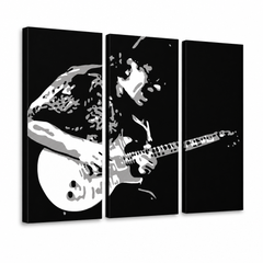 Ručne maľovaný POP Art obraz Santana – 3D vizualizácia ručne maľovaného plátna na bielom pozadí. Dominantné farby: čierna, biela, sivá.