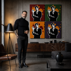 Ručne maľovaný POP Art obraz Scarface - AL PACINO – obraz v modernom mužskom interiéri, lifestyle vizualizácia. Dominantné farby: čierna, oranžová, červená, zelená, fialová.