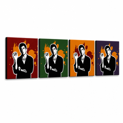Ručne maľovaný POP Art obraz Scarface - AL PACINO – 3D vizualizácia ručne maľovaného plátna na bielom pozadí. Dominantné farby: čierna, oranžová, červená, zelená, fialová.
