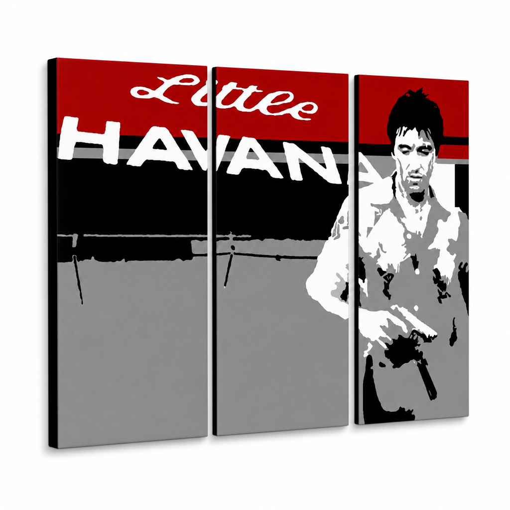 Ručne maľovaný POP Art obraz Scarface - AL PACINO – 3D vizualizácia ručne maľovaného plátna na bielom pozadí. Dominantné farby: červená, čierna, sivá, biela.