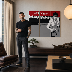 Ručne maľovaný POP Art obraz Scarface - AL PACINO – obraz v modernom mužskom interiéri, lifestyle vizualizácia. Dominantné farby: červená, čierna, sivá, biela.