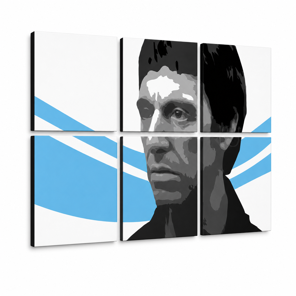 Ručne maľovaný POP Art obraz Scarface - AL PACINO – 3D vizualizácia ručne maľovaného plátna na bielom pozadí. Dominantné farby: čierna, modrá, biela.
