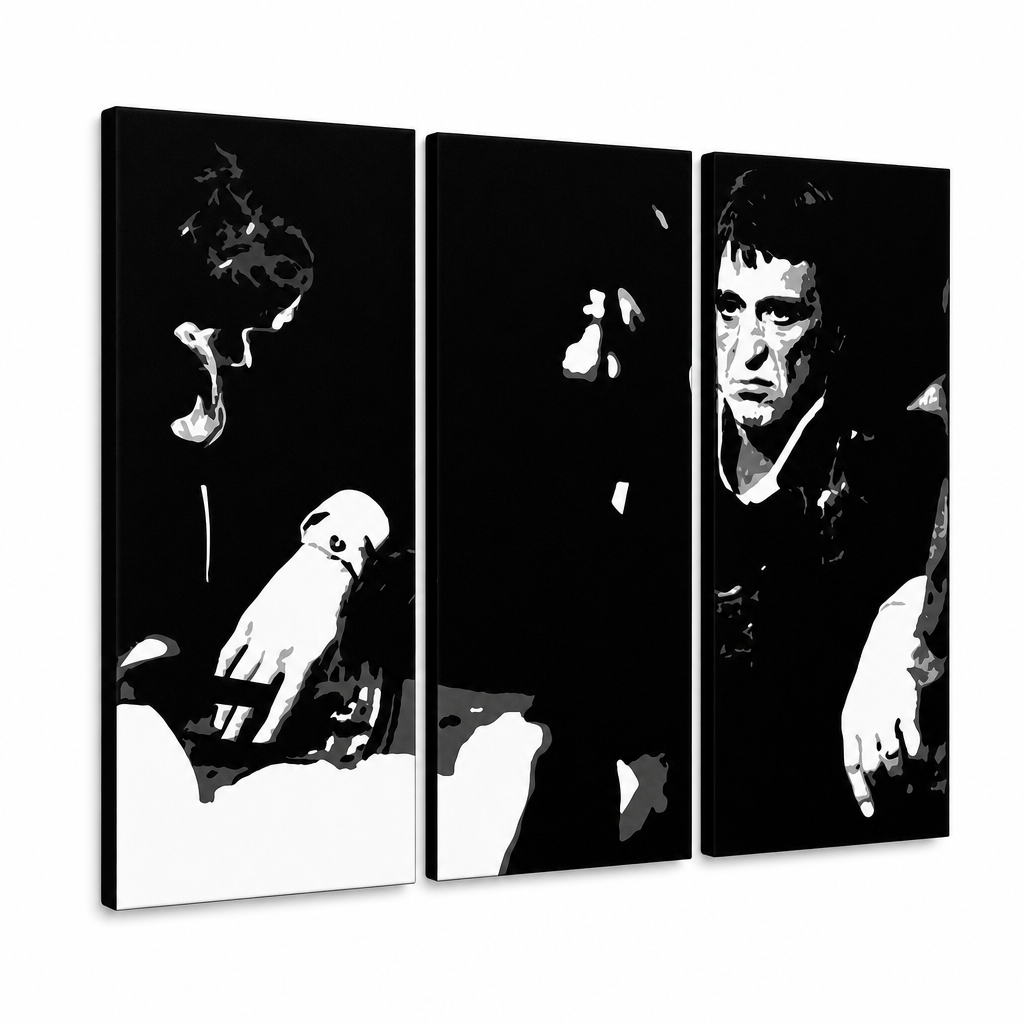 Ručne maľovaný POP Art obraz SCARFACE-AL PACINO – 3D vizualizácia ručne maľovaného plátna na bielom pozadí. Dominantné farby: čierna, biela.