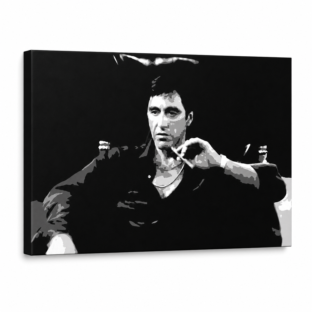 Ručne maľovaný POP Art obraz Scarface – 3D vizualizácia ručne maľovaného plátna na bielom pozadí. Dominantné farby: čierna, biela, sivá.