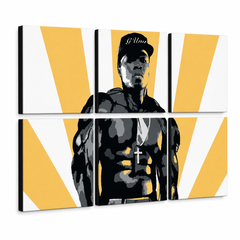 Ručne maľovaný POP Art obraz – 3D vizualizácia ručne maľovaného plátna na bielom pozadí. Dominantné farby: žltá, čierna, biela, sivá.