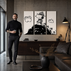 Ručne maľovaný POP Art obraz SNOOPY – obraz v modernom mužskom interiéri, lifestyle vizualizácia. Dominantné farby: čierna, biela.
