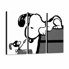 Ručne maľovaný POP Art obraz SNOOPY – 3D vizualizácia ručne maľovaného plátna na bielom pozadí. Dominantné farby: čierna, biela, sivá.