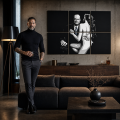 Ručne maľovaný POP Art obraz SOPRANOS – obraz v modernom mužskom interiéri, lifestyle vizualizácia. Dominantné farby: čierna, biela, modrá.