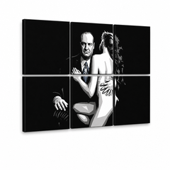 Ručne maľovaný POP Art obraz SOPRANOS – 3D vizualizácia ručne maľovaného plátna na bielom pozadí. Dominantné farby: čierna, biela, modrá.