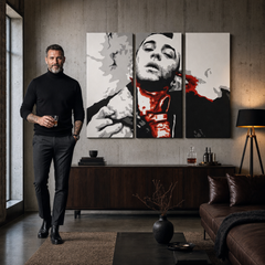 Ručne maľovaný POP Art obraz Taxi Driver – obraz v modernom mužskom interiéri, lifestyle vizualizácia. Dominantné farby: čierna, biela, červená, sivá, oranžová.
