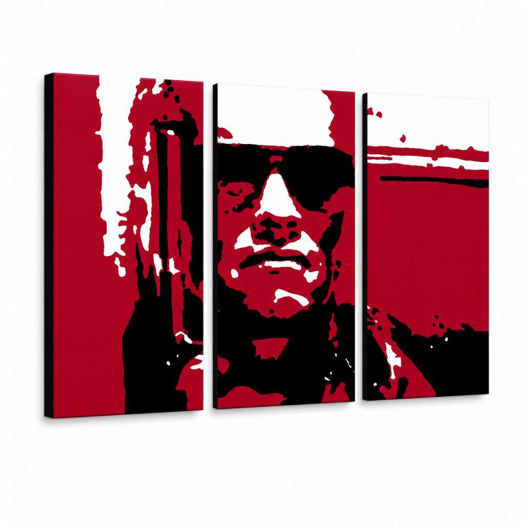 Ručne maľovaný POP Art obraz TERMINATOR – 3D vizualizácia ručne maľovaného plátna na bielom pozadí. Dominantné farby: červená, čierna, sivá.