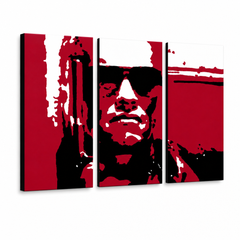 Ručne maľovaný POP Art obraz TERMINATOR – 3D vizualizácia ručne maľovaného plátna na bielom pozadí. Dominantné farby: červená, čierna, sivá.