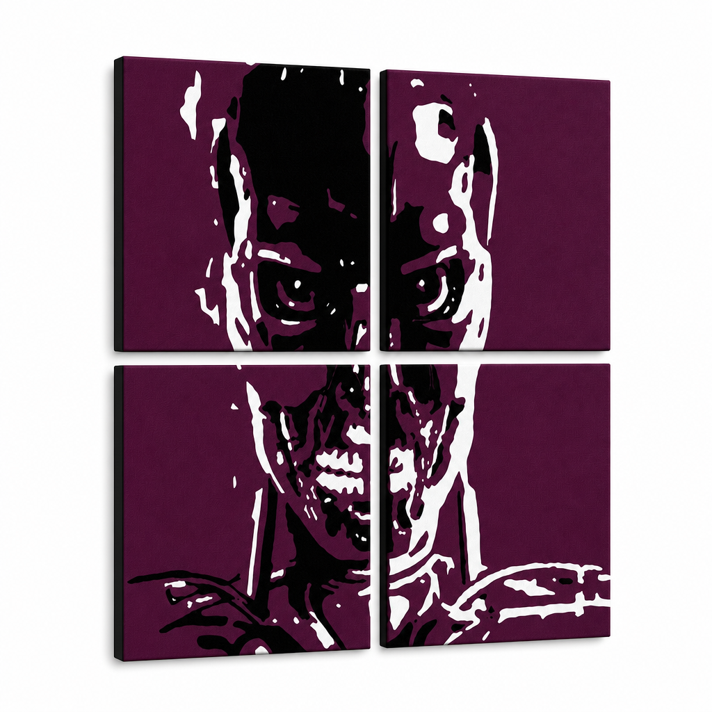 Ručne maľovaný POP Art obraz TERMINATOR – 3D vizualizácia ručne maľovaného plátna na bielom pozadí. Dominantné farby: čierna, biela, fialová.