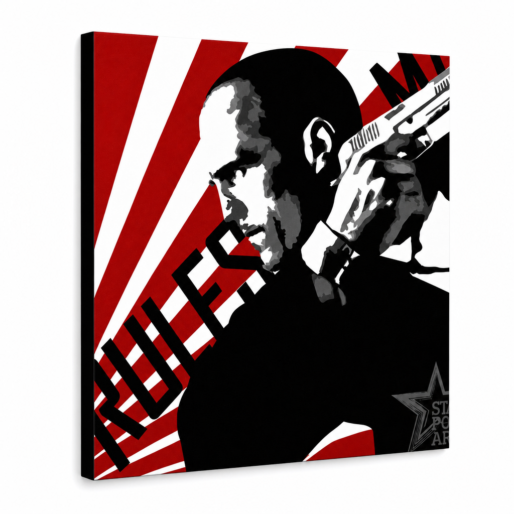 Ručne maľovaný POP Art obraz THE TRANSPORTER – KURIÉR – 3D vizualizácia ručne maľovaného plátna na bielom pozadí. Dominantné farby: červená, čierna, biela.