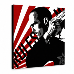 Ručne maľovaný POP Art obraz THE TRANSPORTER – KURIÉR – 3D vizualizácia ručne maľovaného plátna na bielom pozadí. Dominantné farby: červená, čierna, biela.