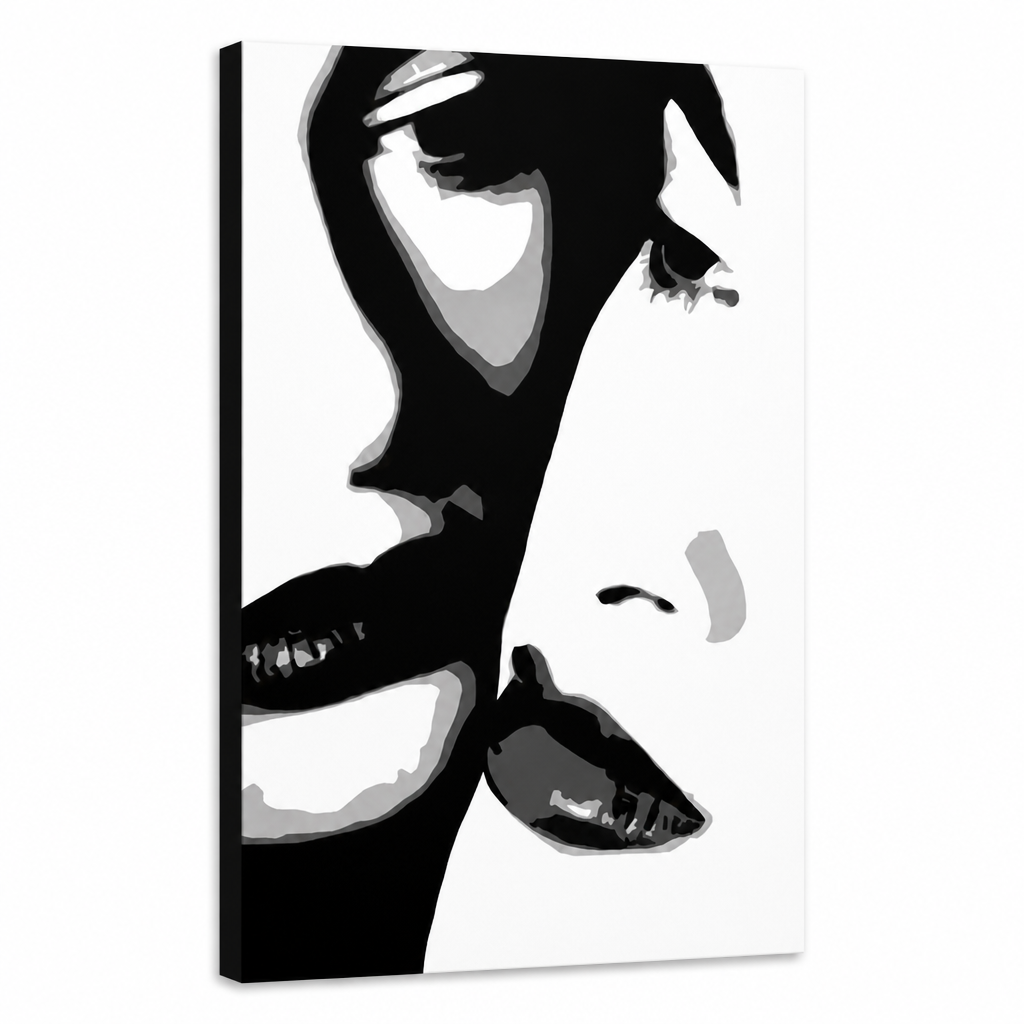 Ručne maľovaný POP Art obraz Two women – 3D vizualizácia ručne maľovaného plátna na bielom pozadí. Dominantné farby: čierna, biela, sivá.