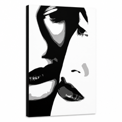 Ručne maľovaný POP Art obraz Two women – 3D vizualizácia ručne maľovaného plátna na bielom pozadí. Dominantné farby: čierna, biela, sivá.