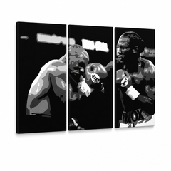 Ručne maľovaný POP Art obraz Tyson vs. Lewis – 3D vizualizácia ručne maľovaného plátna na bielom pozadí. Dominantné farby: čierna, biela, sivá.