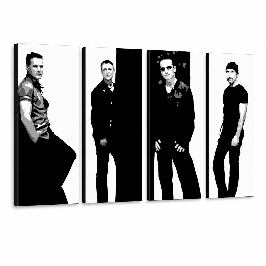 Ručne maľovaný POP Art obraz U2 in Black – 3D vizualizácia ručne maľovaného plátna na bielom pozadí. Dominantné farby: čierna, biela, šedá.