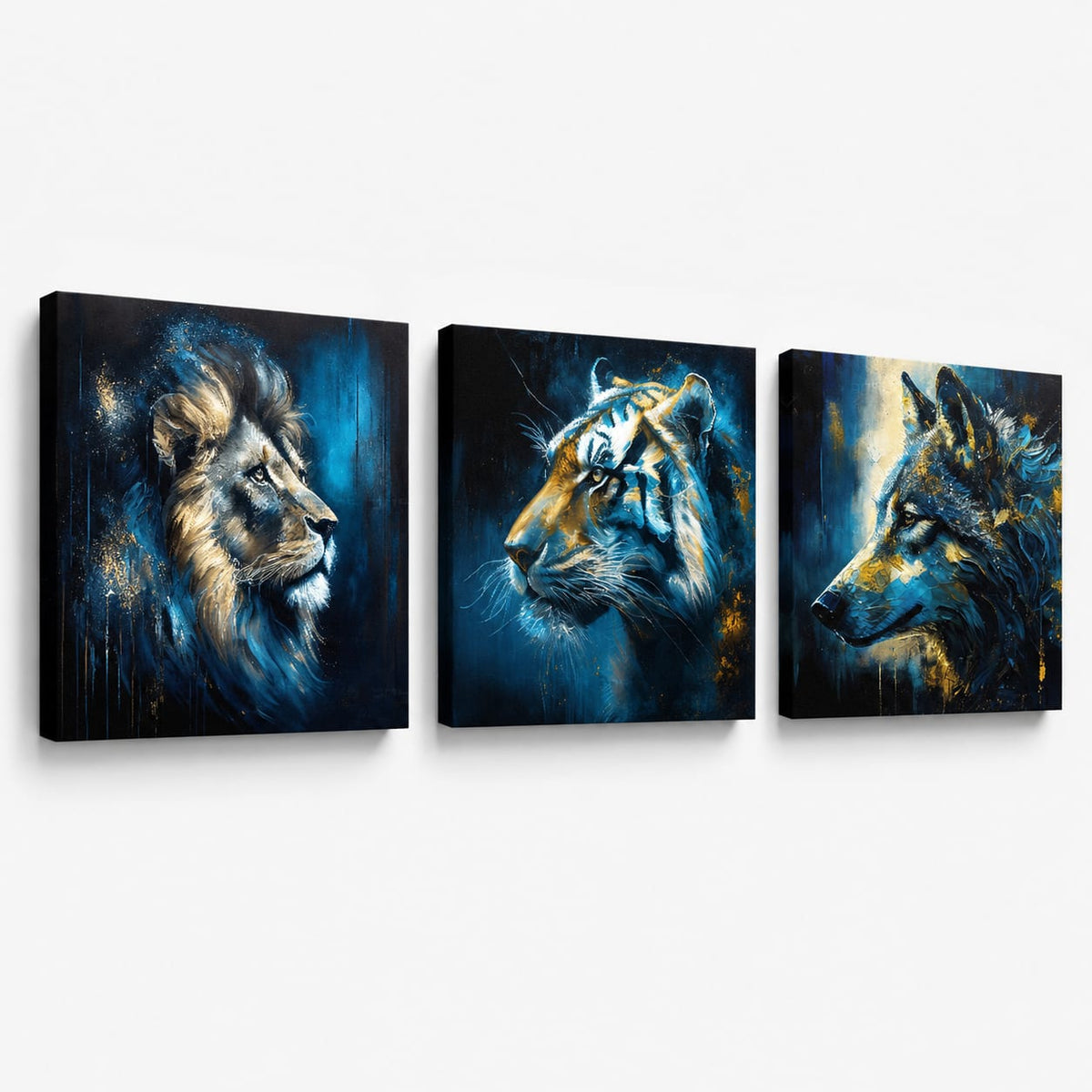 Set 3 obrazov Wild Kingdom – Lev, Tiger, Vlk – gallery-wrap plátno na bielom pozadí, ručne dotvorené akrylom