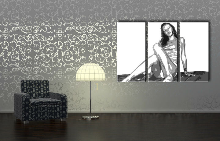 Pop art obraz na plátne s motívom Kate Moss, príroda v bielo-čiernych odtieňoch zavesený v interiéri obývačky, krása | Ručne maľovaný POP Art obraz Kate Moss – interiér