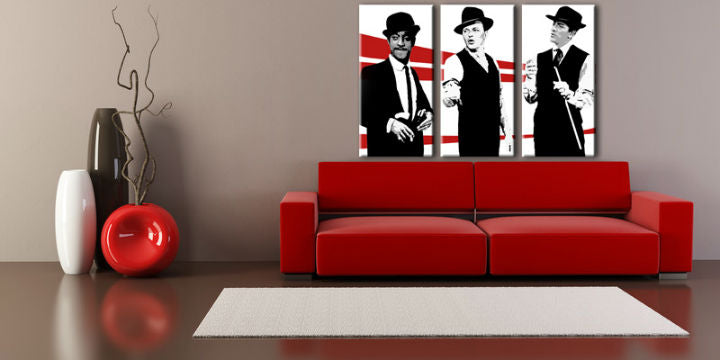 Pop art obraz na plátne s motívom Rat Pack, príroda v bielo-červených odtieňoch zavesený v interiéri obývačky, nostalgická atmosféra, hudobná história – interiér