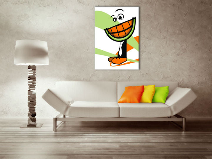 Pop art obraz na plátne s motívom MELON, detský motív v bielo-oranžových odtieňoch zavesený v interiéri obývačky, hravá atmosféra | Ručne maľovaný POP Art obraz MELON – interiér