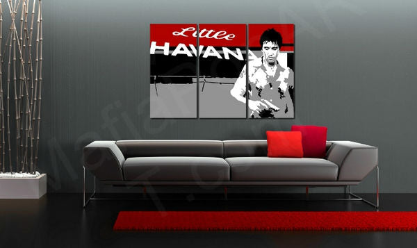 Pop art obraz na plátne s motívom Scarface - AL PACINO v bielo-červených odtieňoch zavesený v interiéri obývačky, mestská atmosféra | Ručne maľovaný POP Art obraz Scarface - AL PACINO – interiér