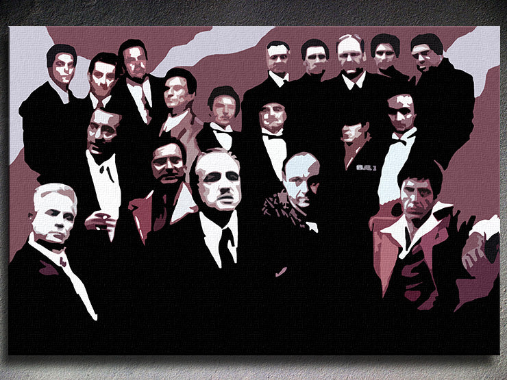 Pop art obraz na plátne s motívom The MAFIA Family, automobil v bielo-čiernych odtieňoch, dramatická atmosféra, rodina a sila a moc, vhodný do obývačky – hlavný [YOBPPFAMILY2]